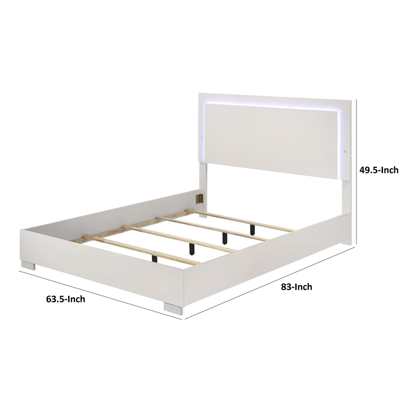 Suni Queen Size Bed w LED on Headboard-White Wood Frame-Chrome Legs
