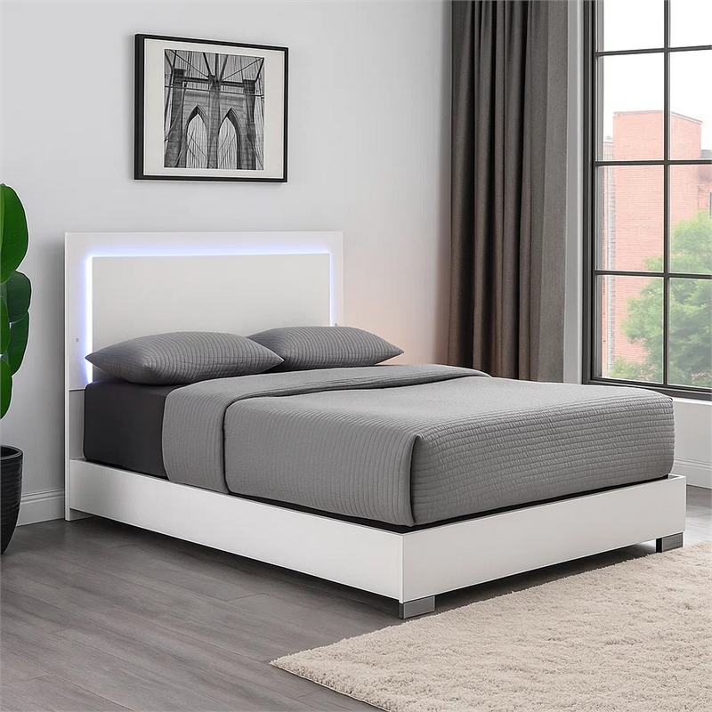 Suni Queen Size Bed w LED on Headboard-White Wood Frame-Chrome Legs