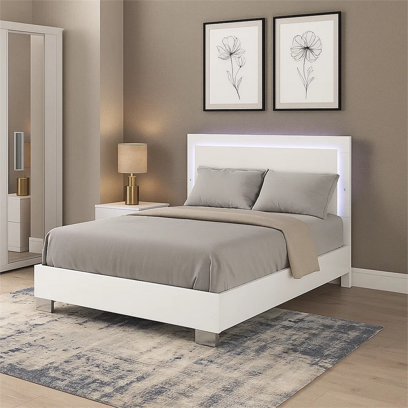 Suni Queen Size Bed w LED on Headboard-White Wood Frame-Chrome Legs