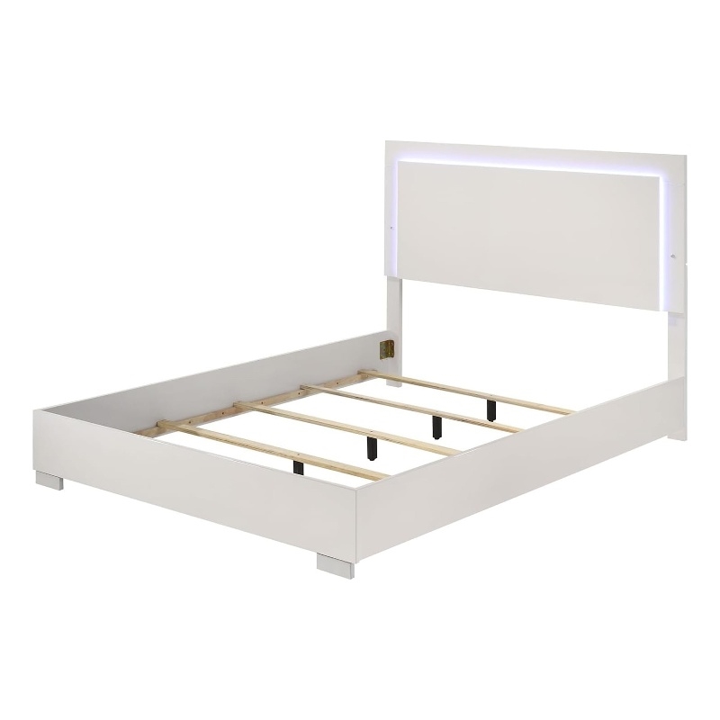 Suni Queen Size Bed w LED on Headboard-White Wood Frame-Chrome Legs