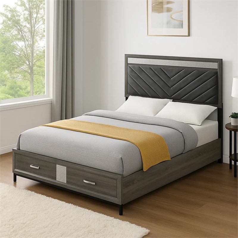 Lito Queen Size Bed w Padded Headboard-2 Footboard Drawers-Gray