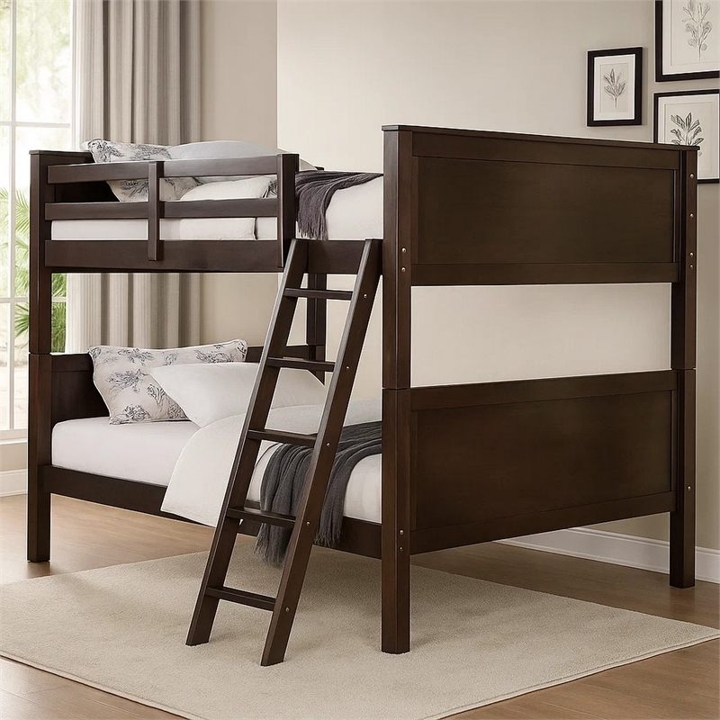 Zedy Full over Full Bunk Bed-Guardrails and Ladder-Walnut Brown