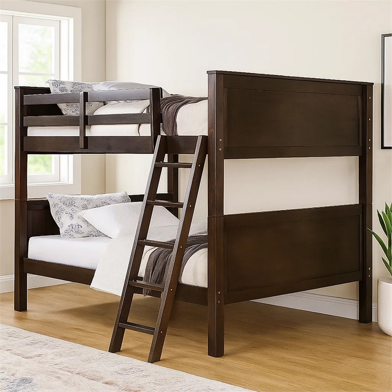 Zedy Full over Full Bunk Bed-Guardrails and Ladder-Walnut Brown