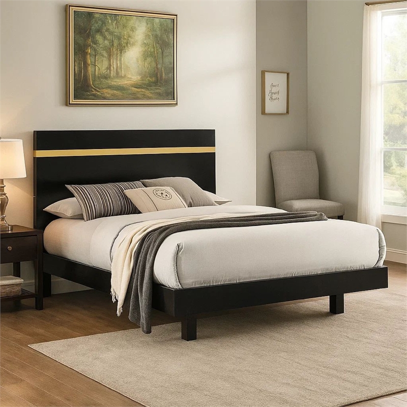 Yoki Queen Size Bed w Underbed LED-Acrylic Gold Trim-Black Frame