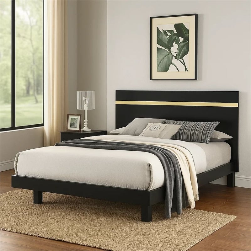 Yoki Queen Size Bed w Underbed LED-Acrylic Gold Trim-Black Frame