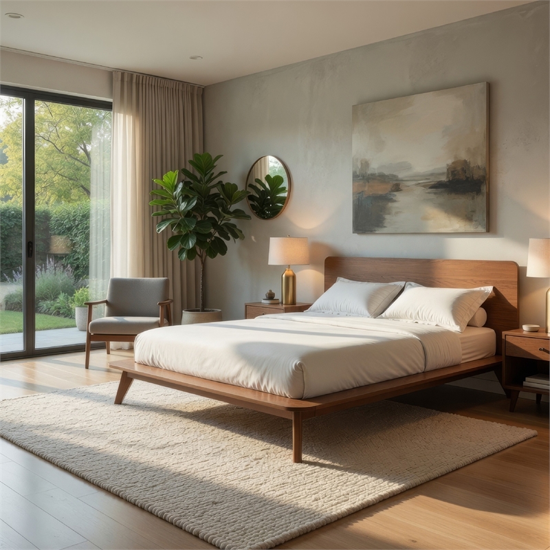 Stacy King Size Bed w Panel Headboard-Angled Legs-Walnut Brown Wood