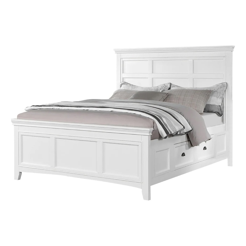 Lile Twin Bed with Side Rail Storage-Crown Molded Details-White Wood