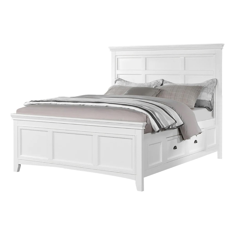 Lile Twin Bed with Side Rail Storage-Crown Molded Details-White Wood