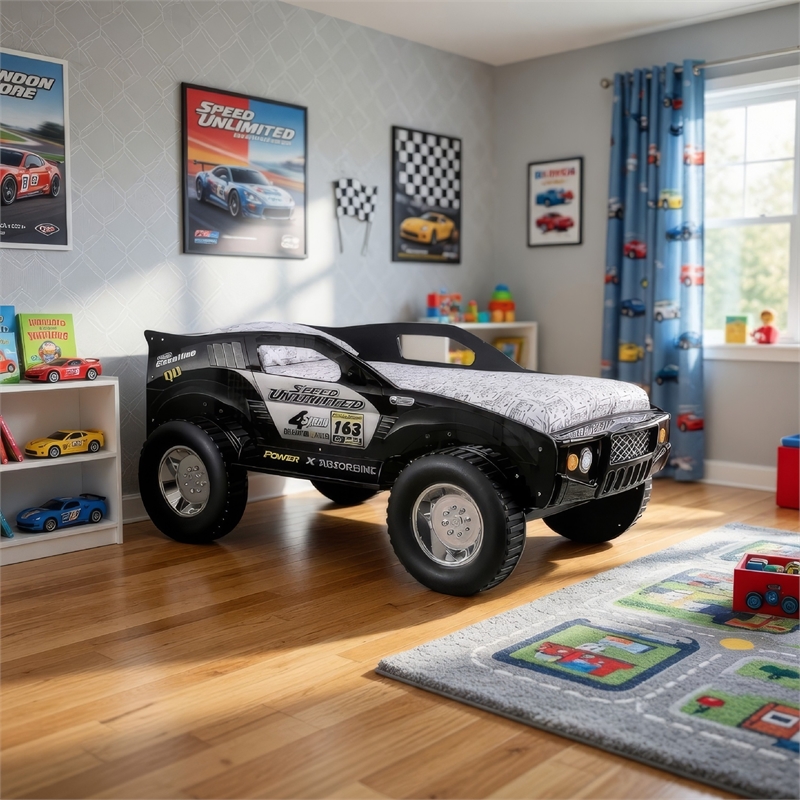 Jacky Kids Twin Bed with Off-Road Car Design-LED Headlights-Black Wood