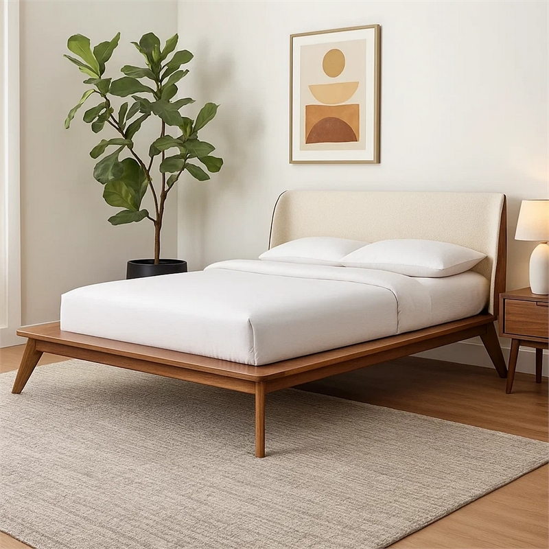 Linzy Full Size Bed w Beige Boucle Winged Headboard-Walnut Brown