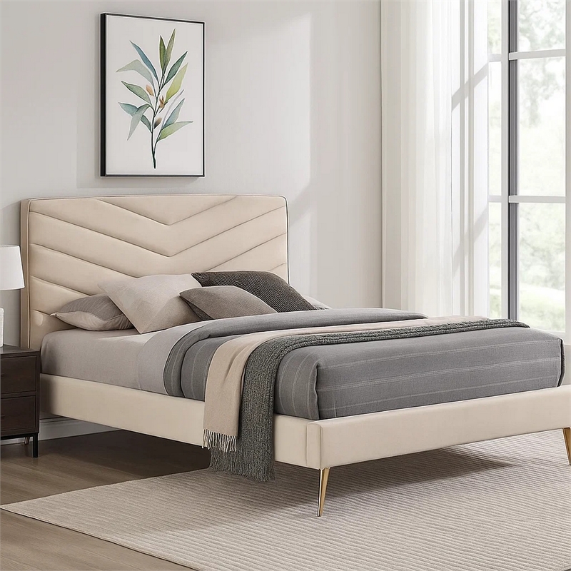 Vevy Full Size Bed-Chevron Tufted Beige Flannelette Upholstery