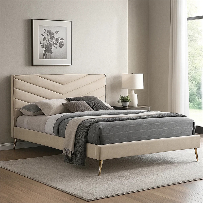 Vevy Full Size Bed-Chevron Tufted Beige Flannelette Upholstery