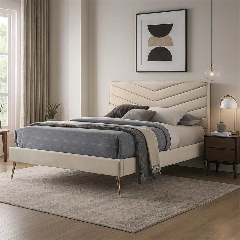 Vevy Queen Size Bed-Chevron Tufted Beige Flannelette Upholstery