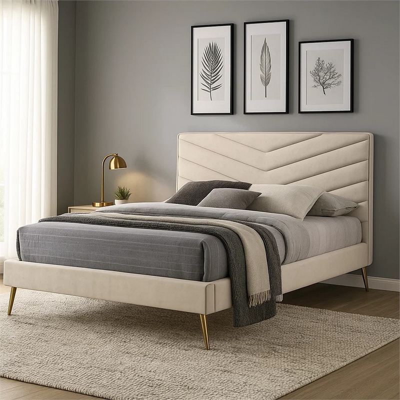 Vevy Queen Size Bed-Chevron Tufted Beige Flannelette Upholstery