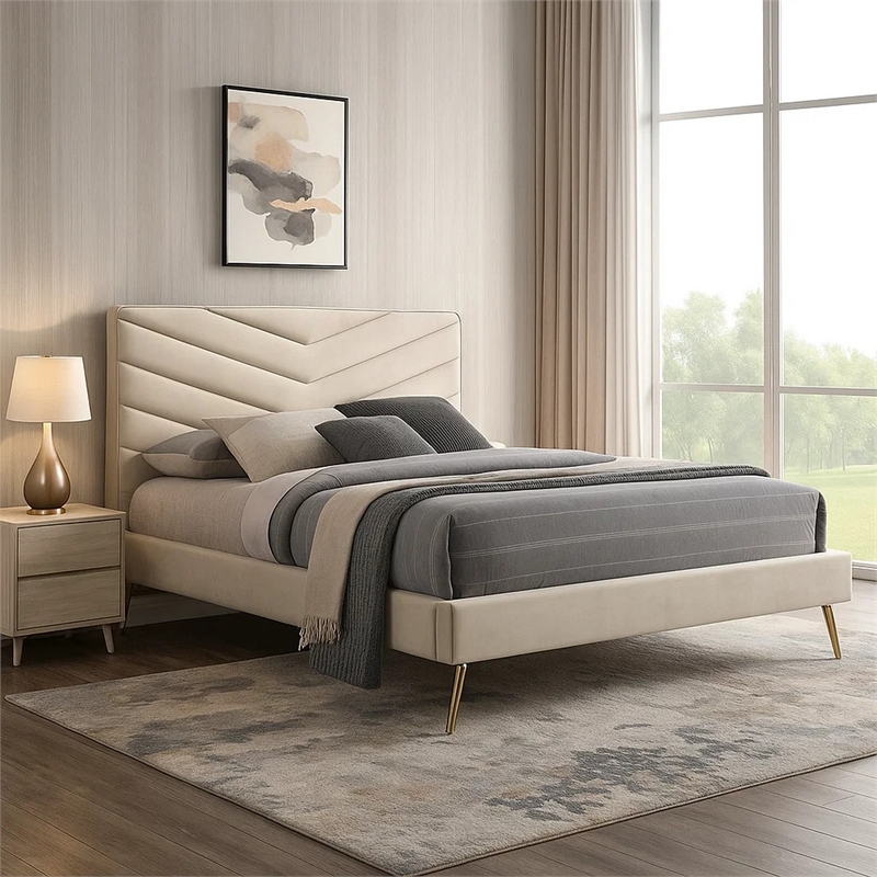 Vevy Twin Size Bed-Chevron Tufted Beige Flannelette Upholstery