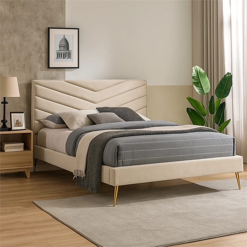 Vevy Twin Size Bed-Chevron Tufted Beige Flannelette Upholstery