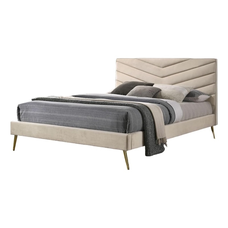 Vevy Twin Size Bed-Chevron Tufted Beige Flannelette Upholstery