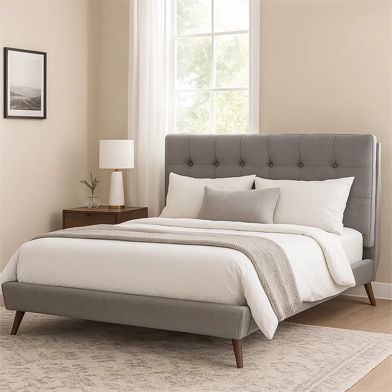 Levy Full Size Bed-Button Tufted Headboard-Modern Gray Upholstery