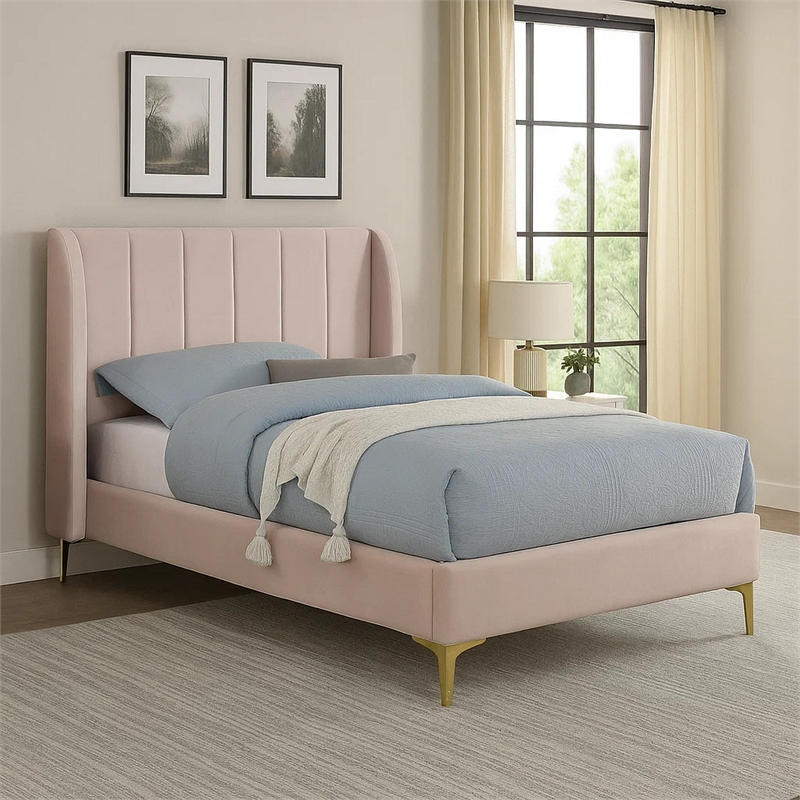 Pevy Twin Size Bed-Tufted Wingback in Light Pink Velvelike Upholstery