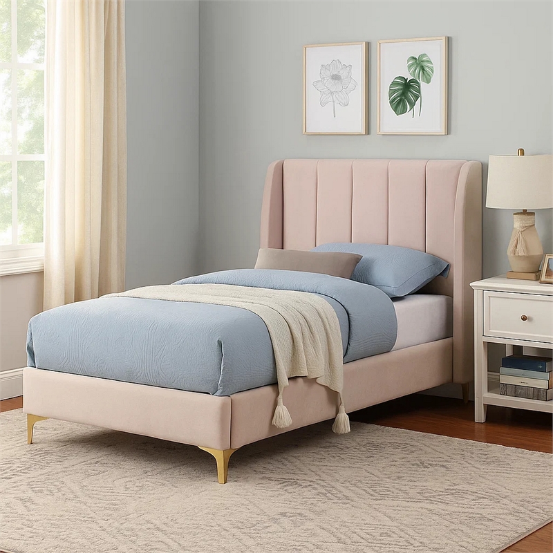 Pevy Twin Size Bed-Tufted Wingback in Light Pink Velvelike Upholstery