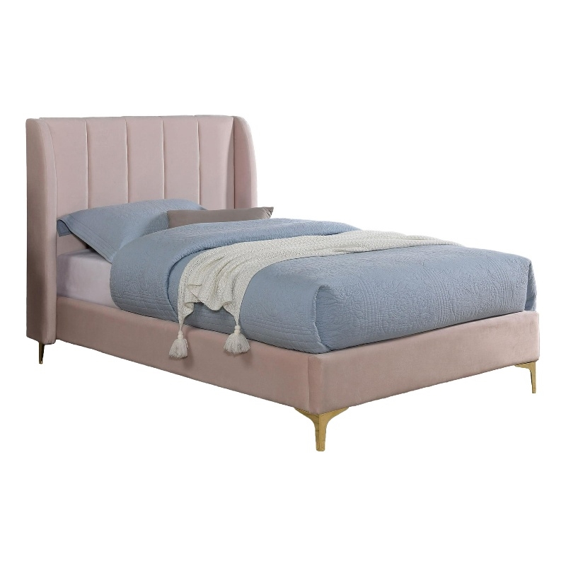 Pevy Twin Size Bed-Tufted Wingback in Light Pink Velvelike Upholstery