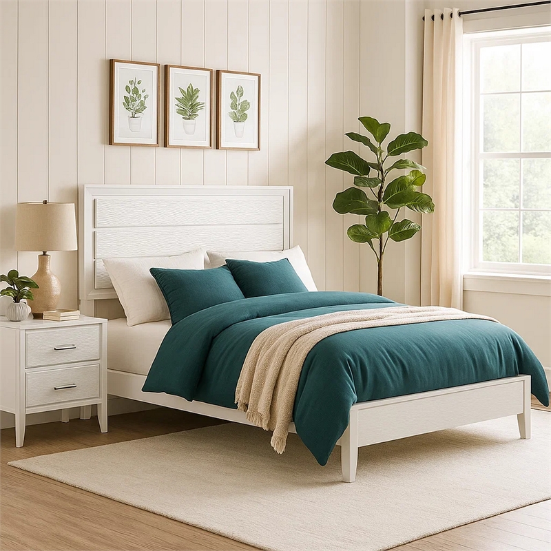 Tory King Size Bed-Wave Texture and Mitered Corners-Modern White
