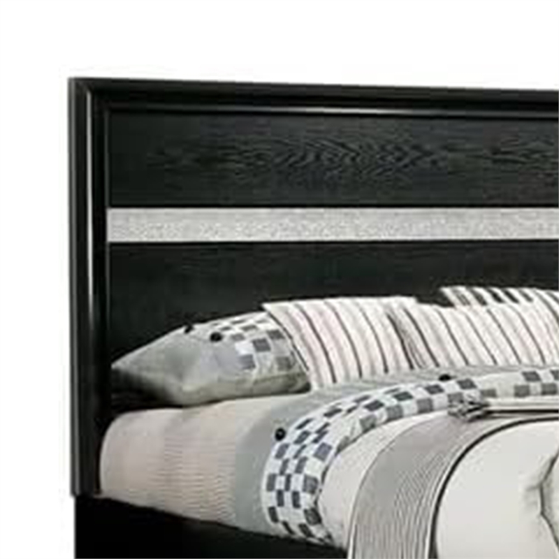 Cevy Queen Size Bed-Footboard Drawers-Black Wood w Glitter Accents