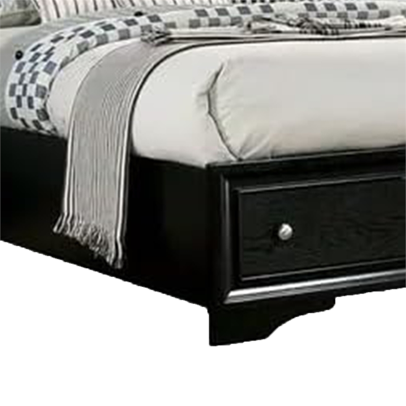 Cevy Queen Size Bed-Footboard Drawers-Black Wood w Glitter Accents