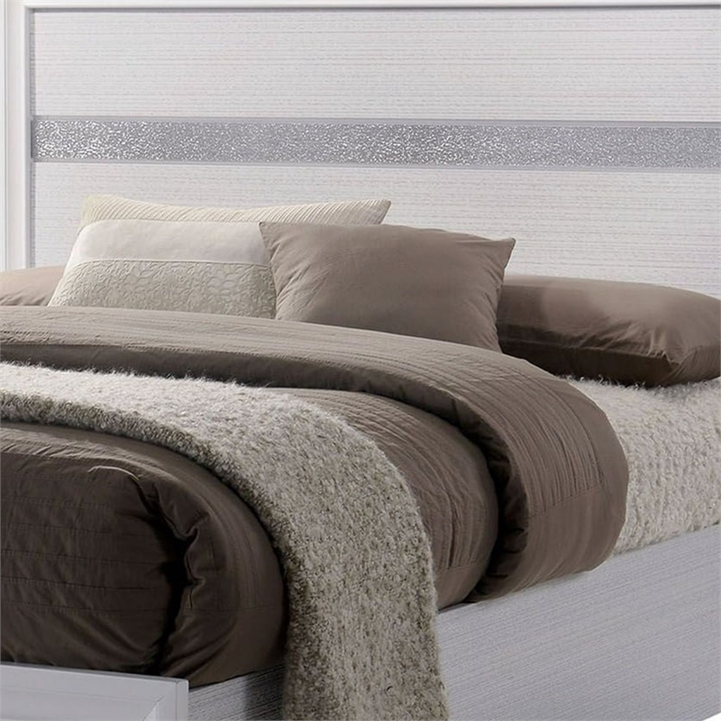 Cevy Full Size Bed-Footboard Drawers-White Wood w Glitter Accents