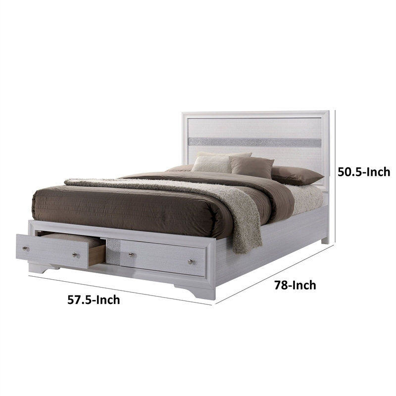 Cevy Full Size Bed-Footboard Drawers-White Wood w Glitter Accents