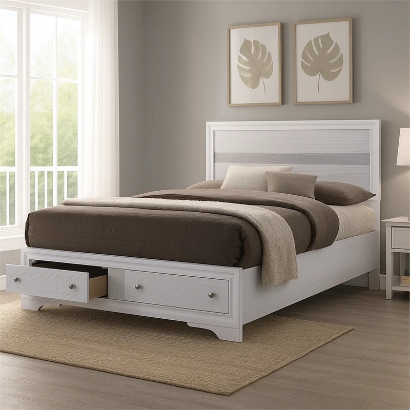 Cevy Full Size Bed-Footboard Drawers-White Wood w Glitter Accents