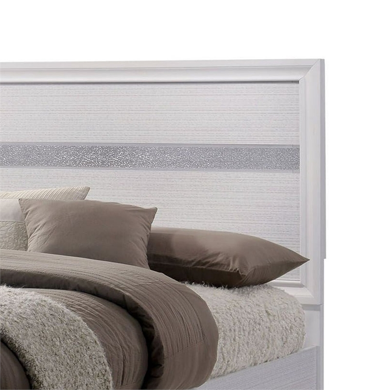 Cevy Full Size Bed-Footboard Drawers-White Wood w Glitter Accents