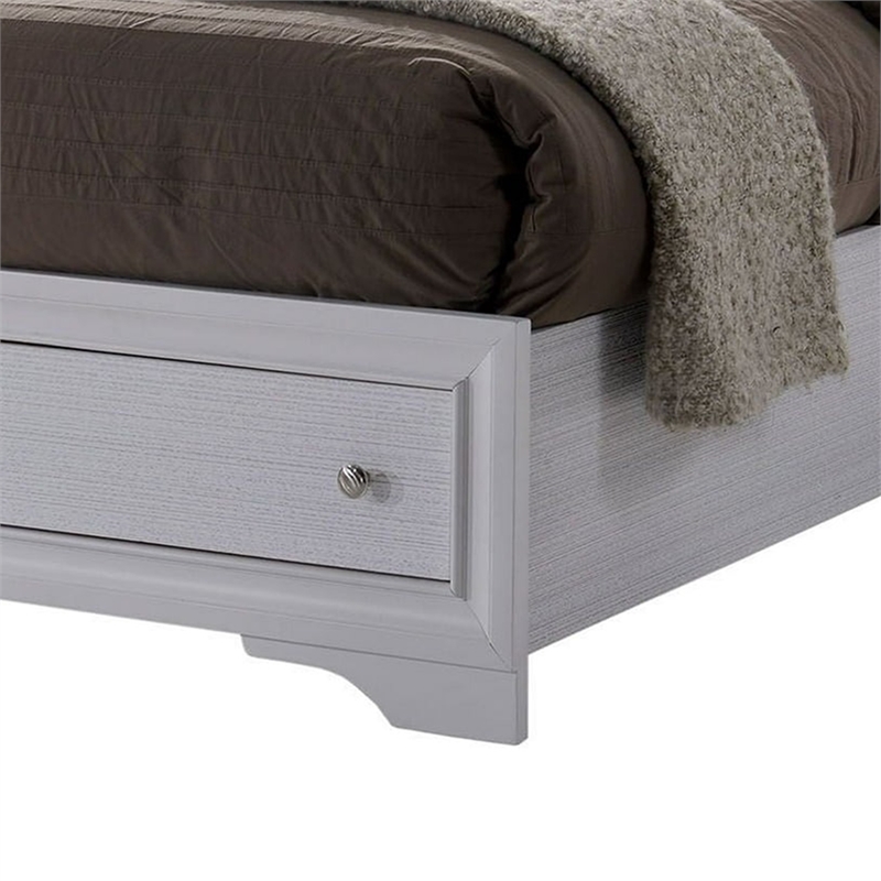 Cevy Full Size Bed-Footboard Drawers-White Wood w Glitter Accents