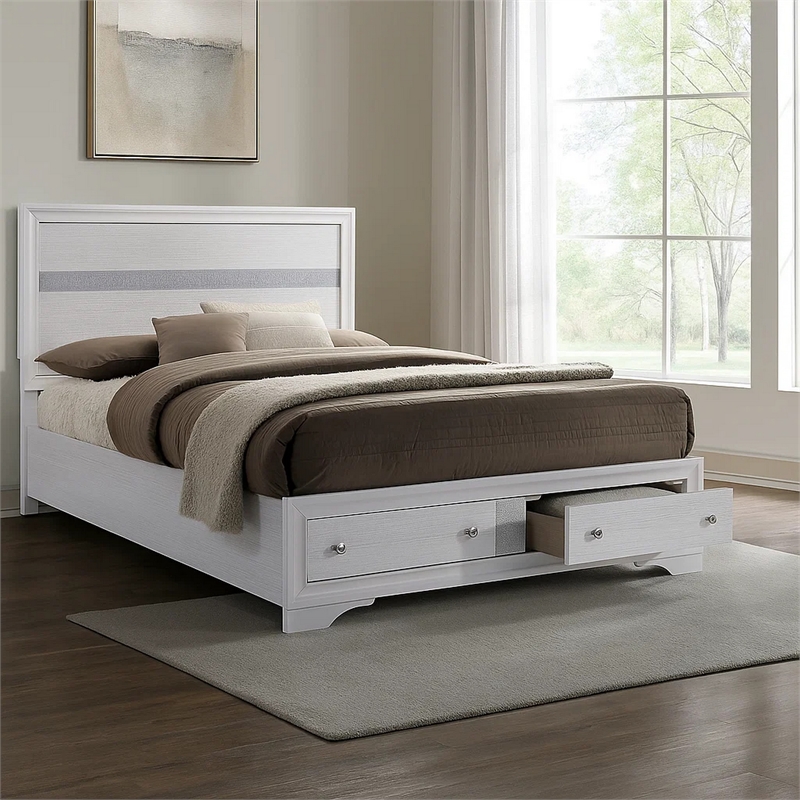 Cevy Full Size Bed-Footboard Drawers-White Wood w Glitter Accents