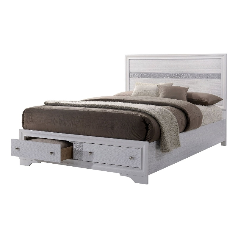 Cevy Full Size Bed-Footboard Drawers-White Wood w Glitter Accents