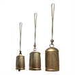 Decorative Iron Cow Bells Set of 3-Cylindrical-Antique Gold-Jute Hanging Rope