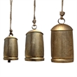 Decorative Iron Cow Bells Set of 3-Cylindrical-Antique Gold-Jute Hanging Rope