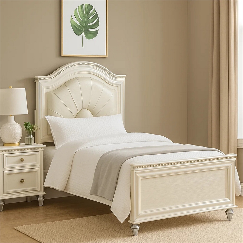 Jisoo Full Size Bed-Pearl White Upholstery-Radial Arch Headboard