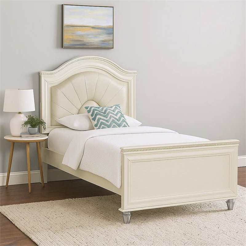 Jisoo Full Size Bed-Pearl White Upholstery-Radial Arch Headboard
