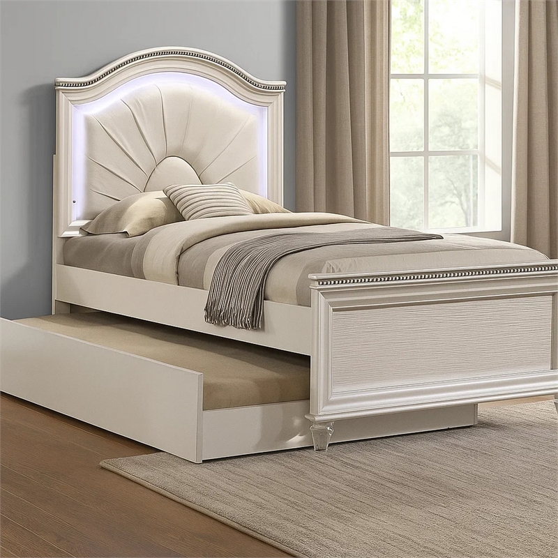 Jisoo Twin Size Bed-Pearl White Upholstery-Radial Arch Headboard