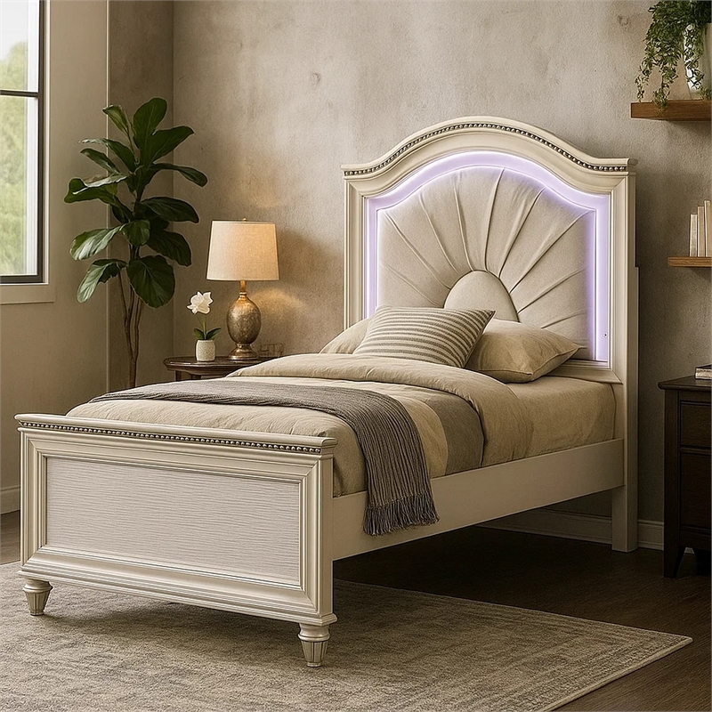 Jisoo Twin Size Bed-Pearl White Upholstery-Radial Arch Headboard