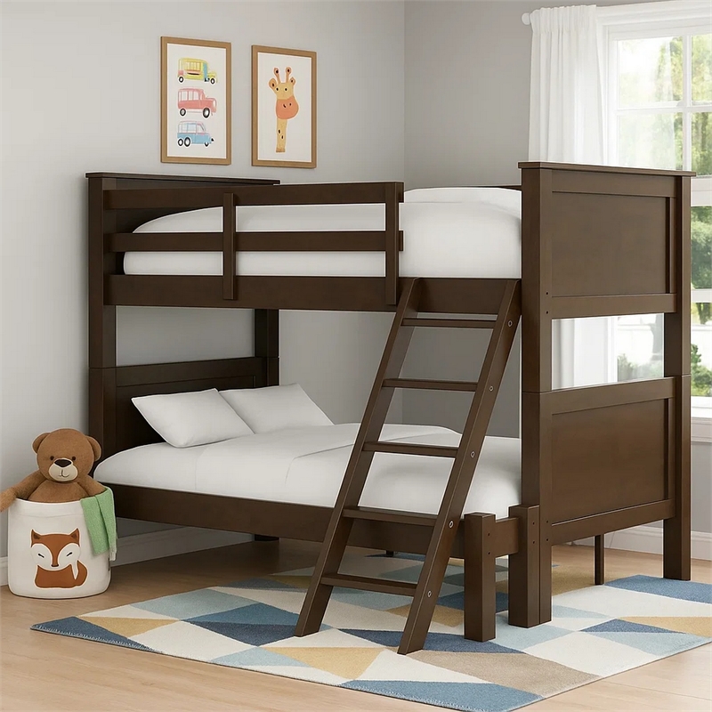 Zedy Twin over Full Bunk Bed with Ladder and Guardrails-Walnut Brown