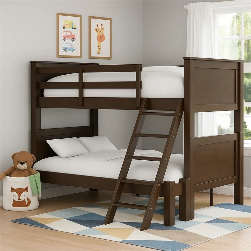 Zedy Twin over Full Bunk Bed with Ladder and Guardrails-Walnut Brown