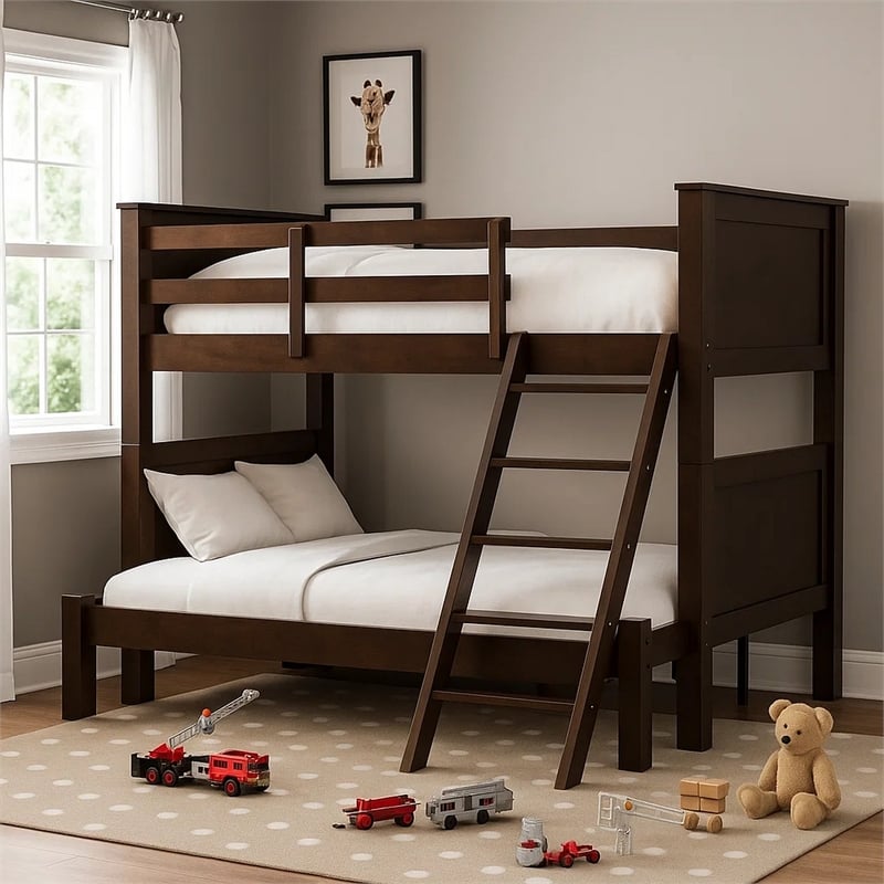 Zedy Twin over Full Bunk Bed with Ladder and Guardrails-Walnut Brown