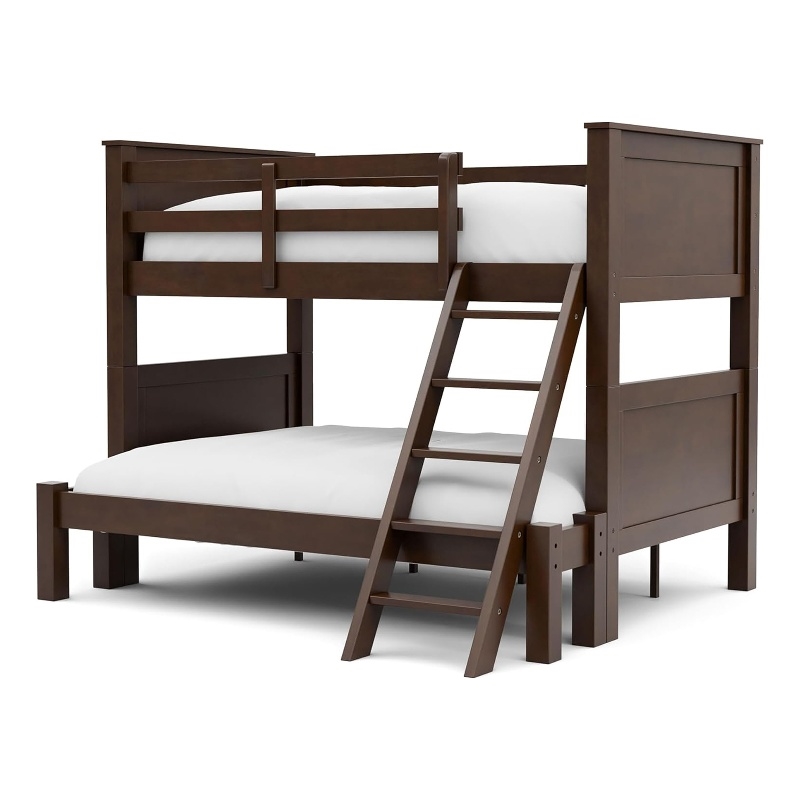 Zedy Twin over Full Bunk Bed with Ladder and Guardrails-Walnut Brown