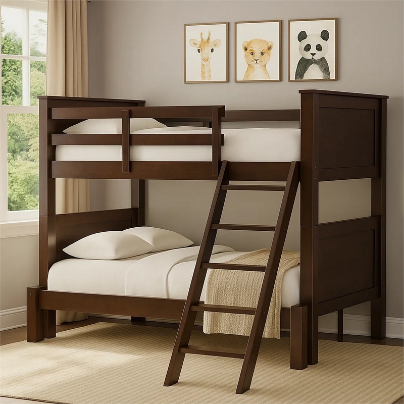 Zedy Twin over Twin Bunk Bed-Ladder and Guardrails-Walnut Brown Wood