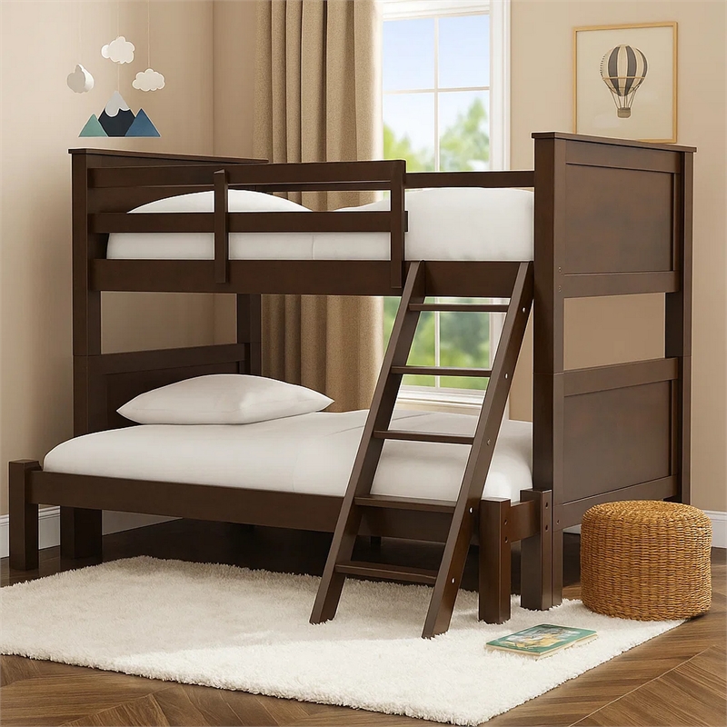 Zedy Twin over Twin Bunk Bed-Ladder and Guardrails-Walnut Brown Wood