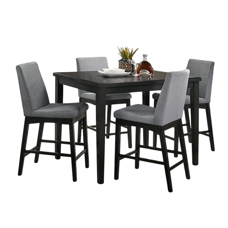 Heni 5pc Counter Table and 4 Chair Set-Gray Padded-Dark Walnut Brown