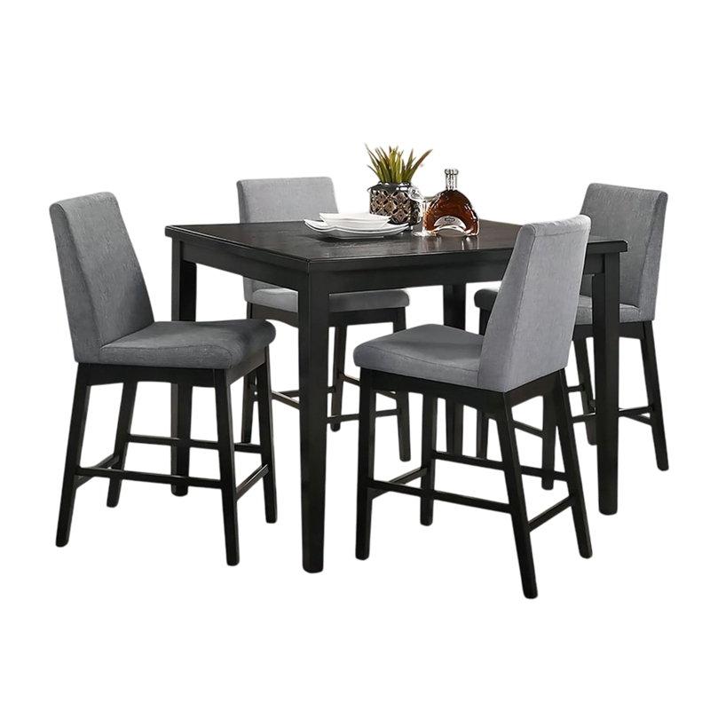 Heni 5pc Counter Table and 4 Chair Set-Gray Padded-Dark Walnut Brown