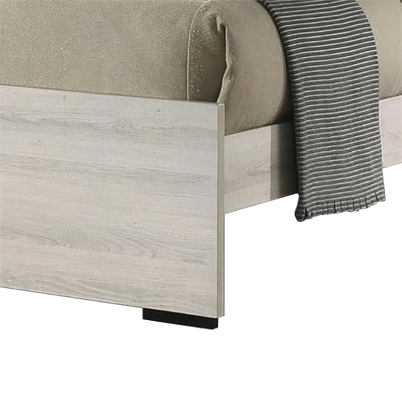 Hyao Queen Size Bed w LED on Headboard-Antique White Wash Finsih
